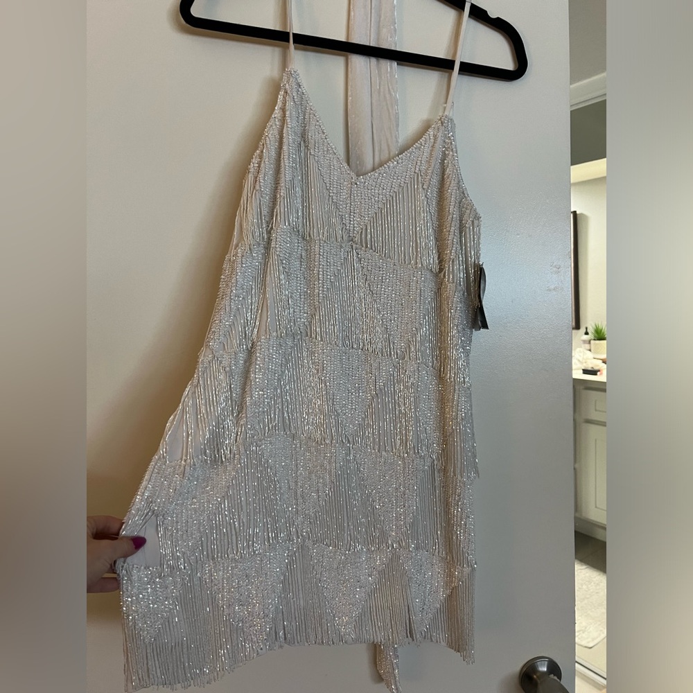 White sequin shimmer flapper fringe bachelorette bride  style dress - Picture 6 of 7
